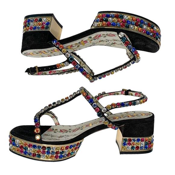 Gucci Mira Crystal Embellished Platform Sandals EU 37.5 US 7.5  Strappy Black - Picture 5 of 11